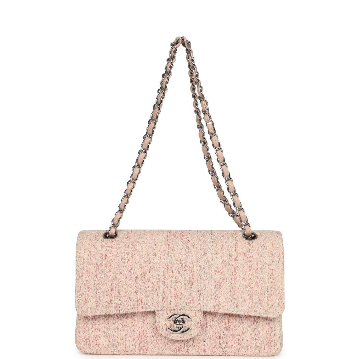 Vintage Medium Classic Double Flap Bag Light Pink and White Tweed Silver Hardware