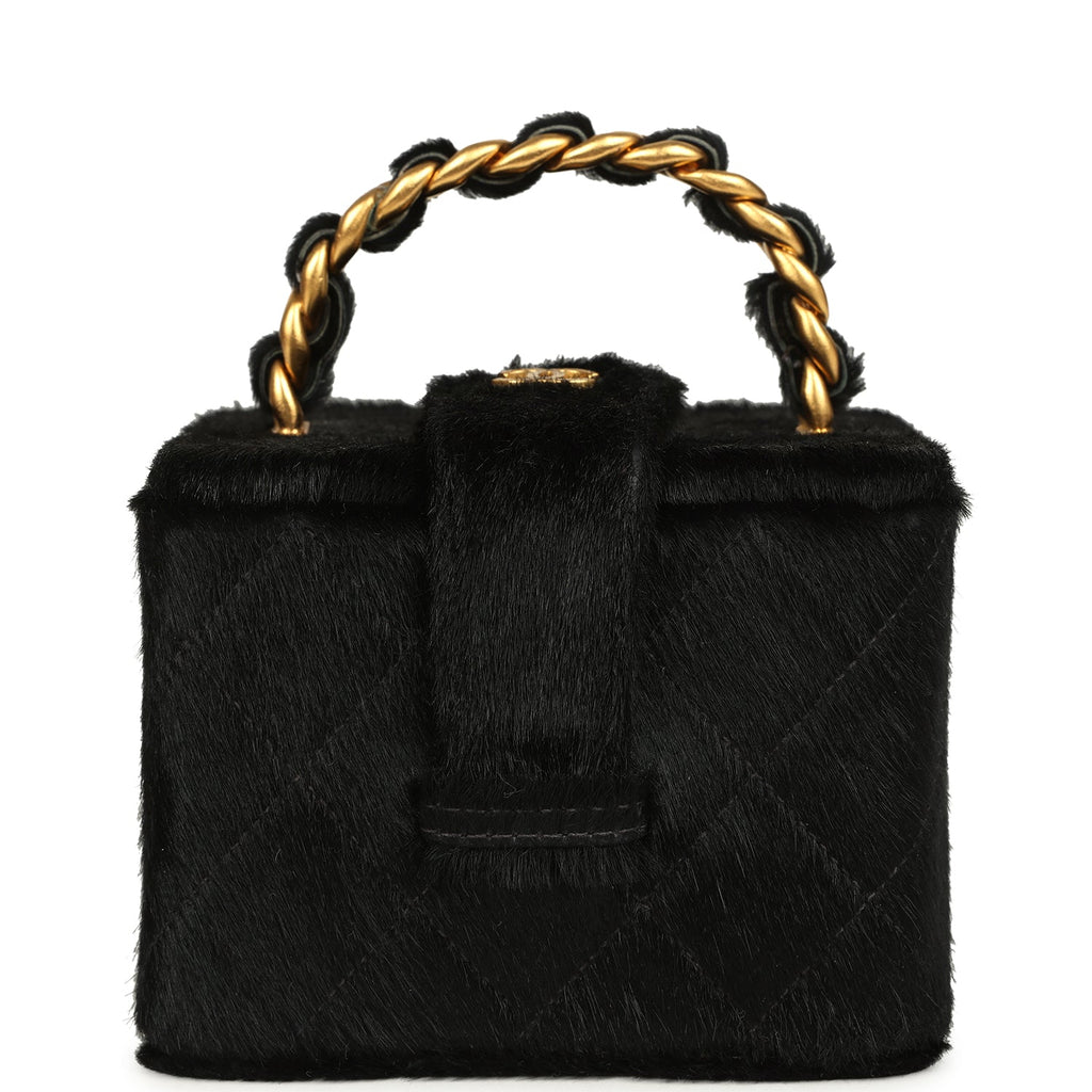 Vintage Square Vanity Box Black Pony Hair Antique Gold Hardware