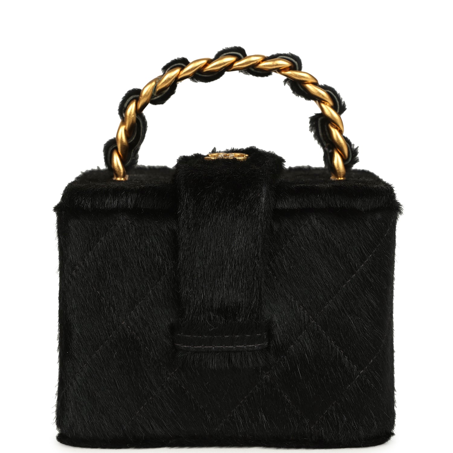 Vintage Square Vanity Box Black Pony Hair Antique Gold Hardware