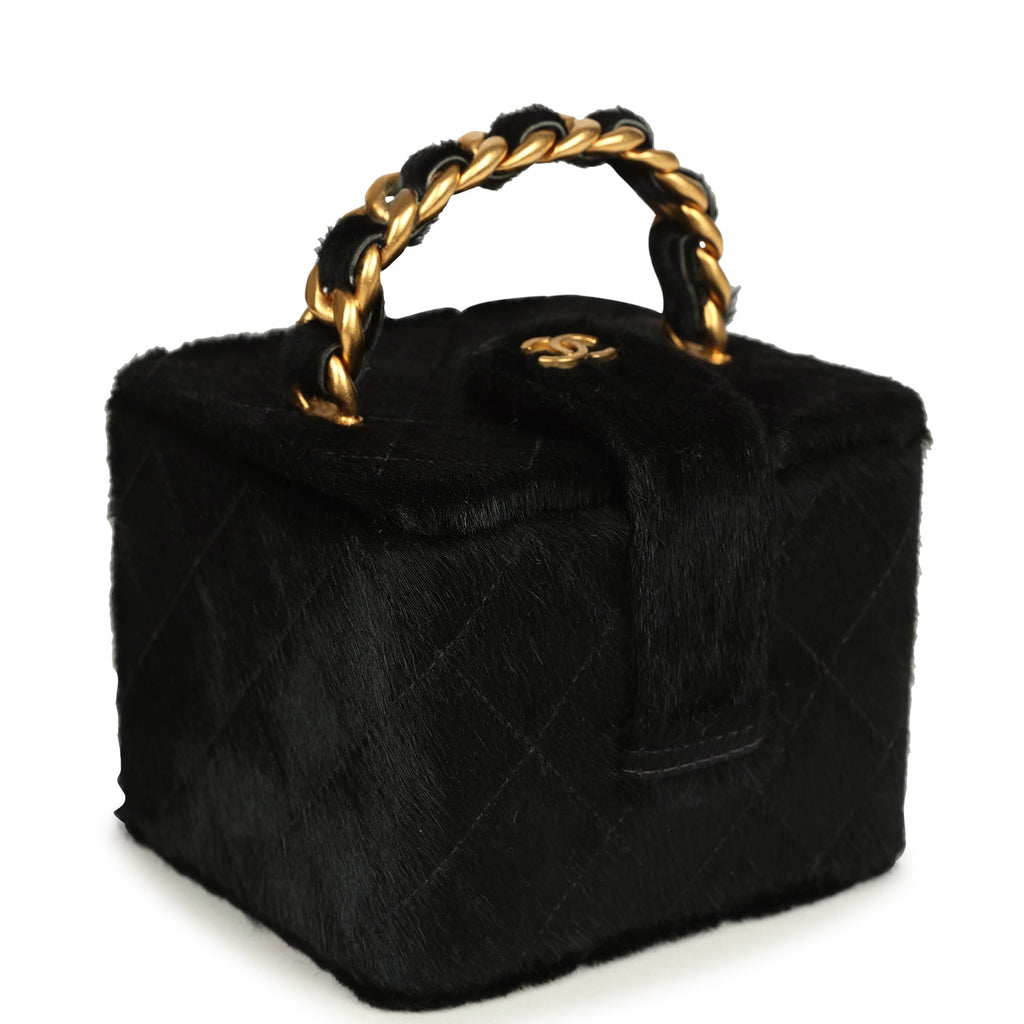Vintage Square Vanity Box Black Pony Hair Antique Gold Hardware