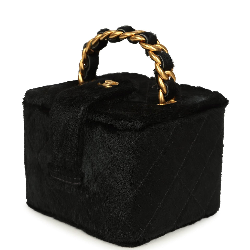 Vintage Square Vanity Box Black Pony Hair Antique Gold Hardware