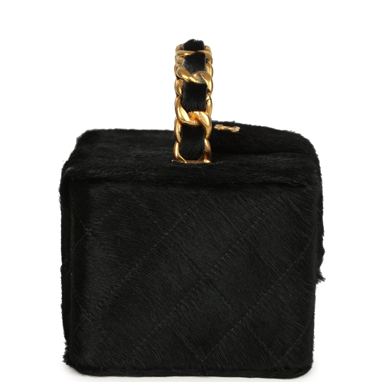Vintage Square Vanity Box Black Pony Hair Antique Gold Hardware