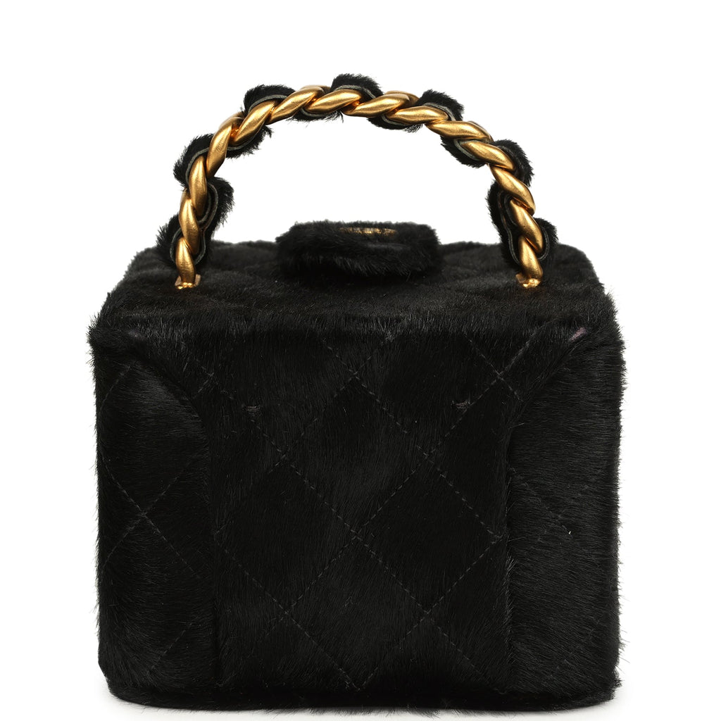 Vintage Square Vanity Box Black Pony Hair Antique Gold Hardware