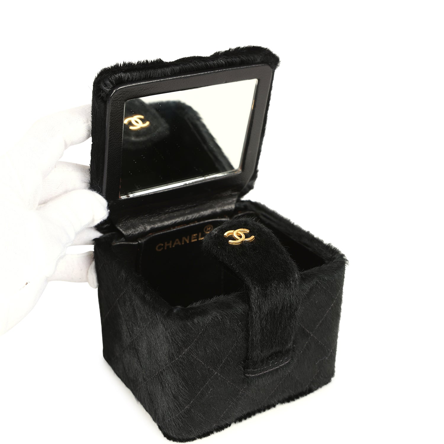 Vintage Square Vanity Box Black Pony Hair Antique Gold Hardware