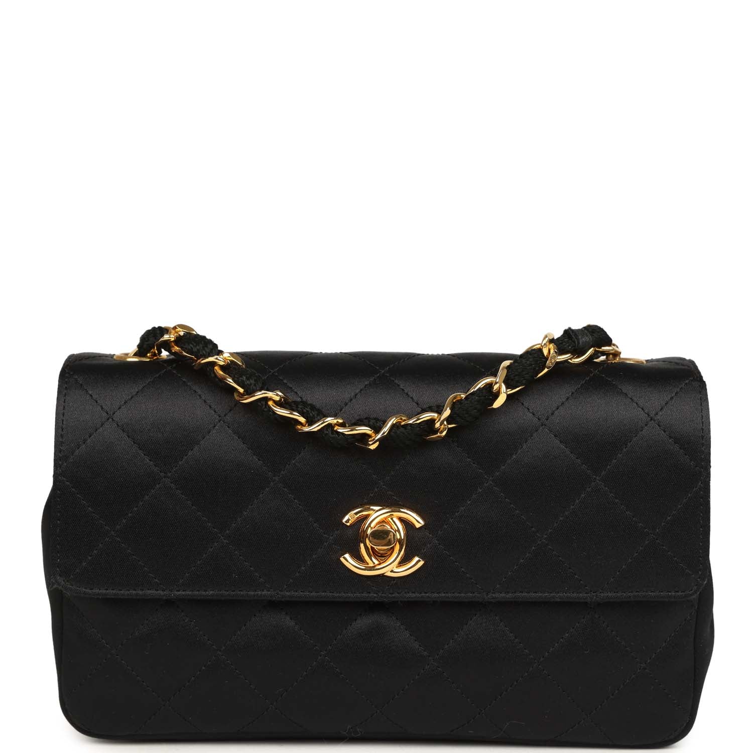 Vintage Mini Rectangular Flap Bag Black Satin Gold Hardware