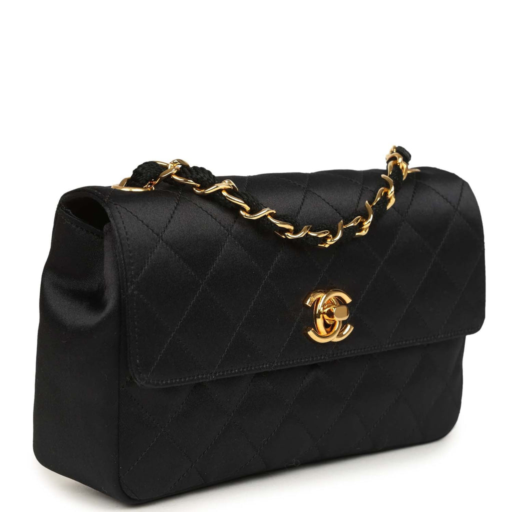 Vintage Mini Rectangular Flap Bag Black Satin Gold Hardware