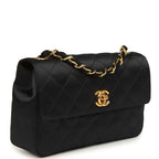 Vintage Mini Rectangular Flap Bag Black Satin Gold Hardware
