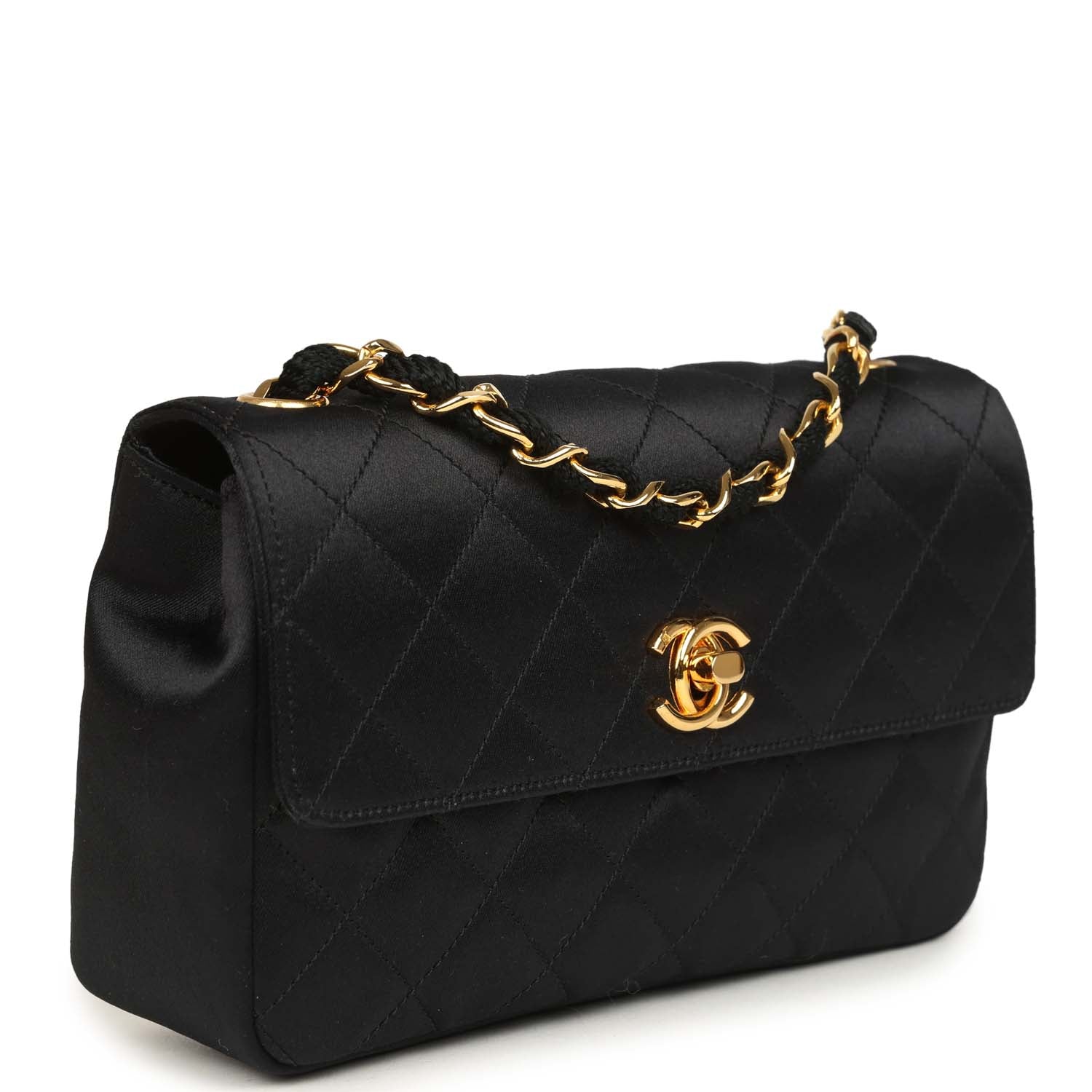 Vintage Mini Rectangular Flap Bag Black Satin Gold Hardware
