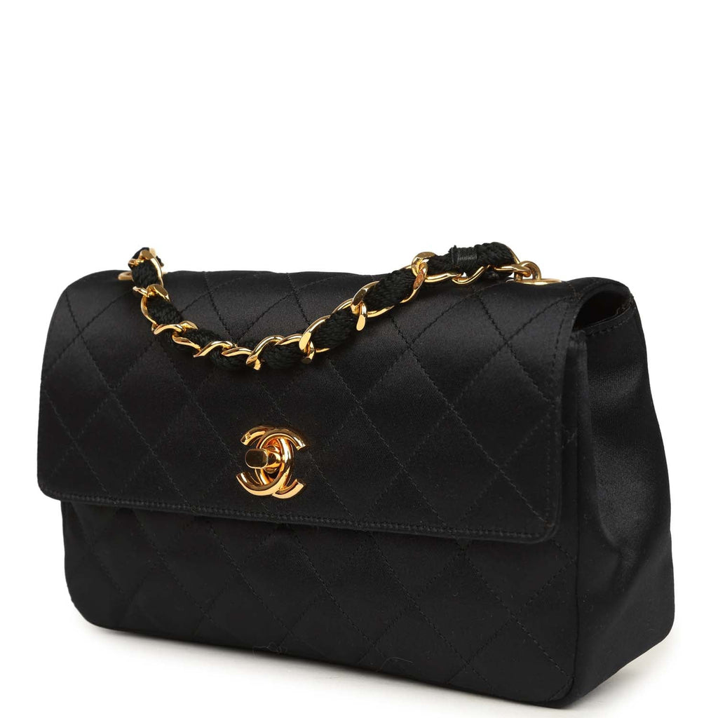 Vintage Mini Rectangular Flap Bag Black Satin Gold Hardware