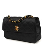 Vintage Mini Rectangular Flap Bag Black Satin Gold Hardware
