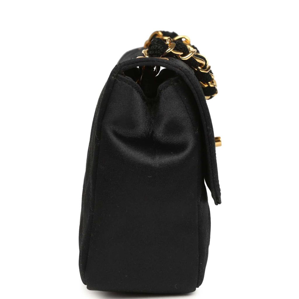 Vintage Mini Rectangular Flap Bag Black Satin Gold Hardware
