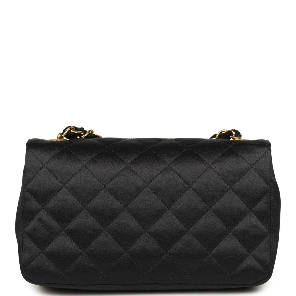 Vintage Mini Rectangular Flap Bag Black Satin Gold Hardware