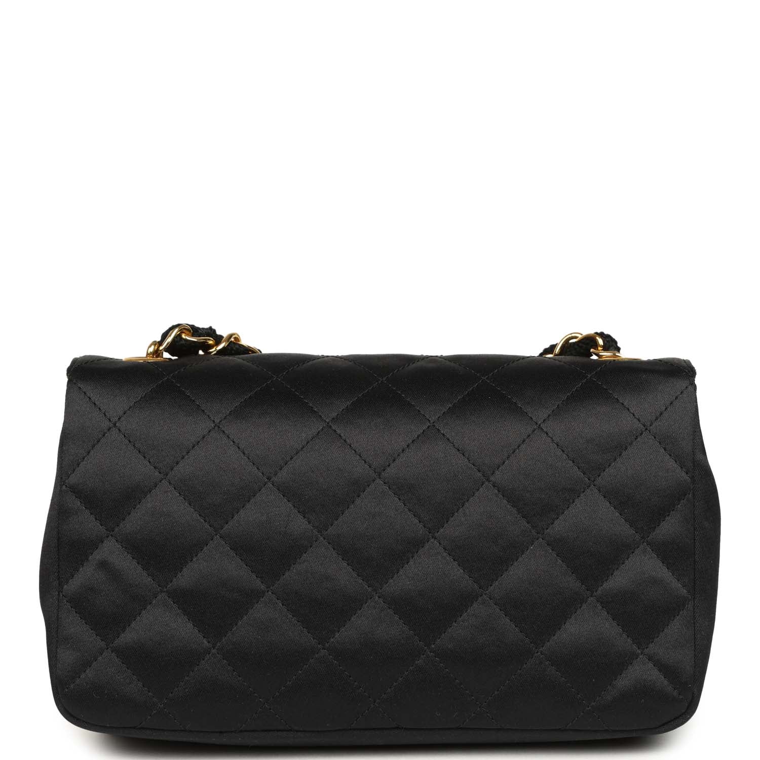 Vintage Mini Rectangular Flap Bag Black Satin Gold Hardware