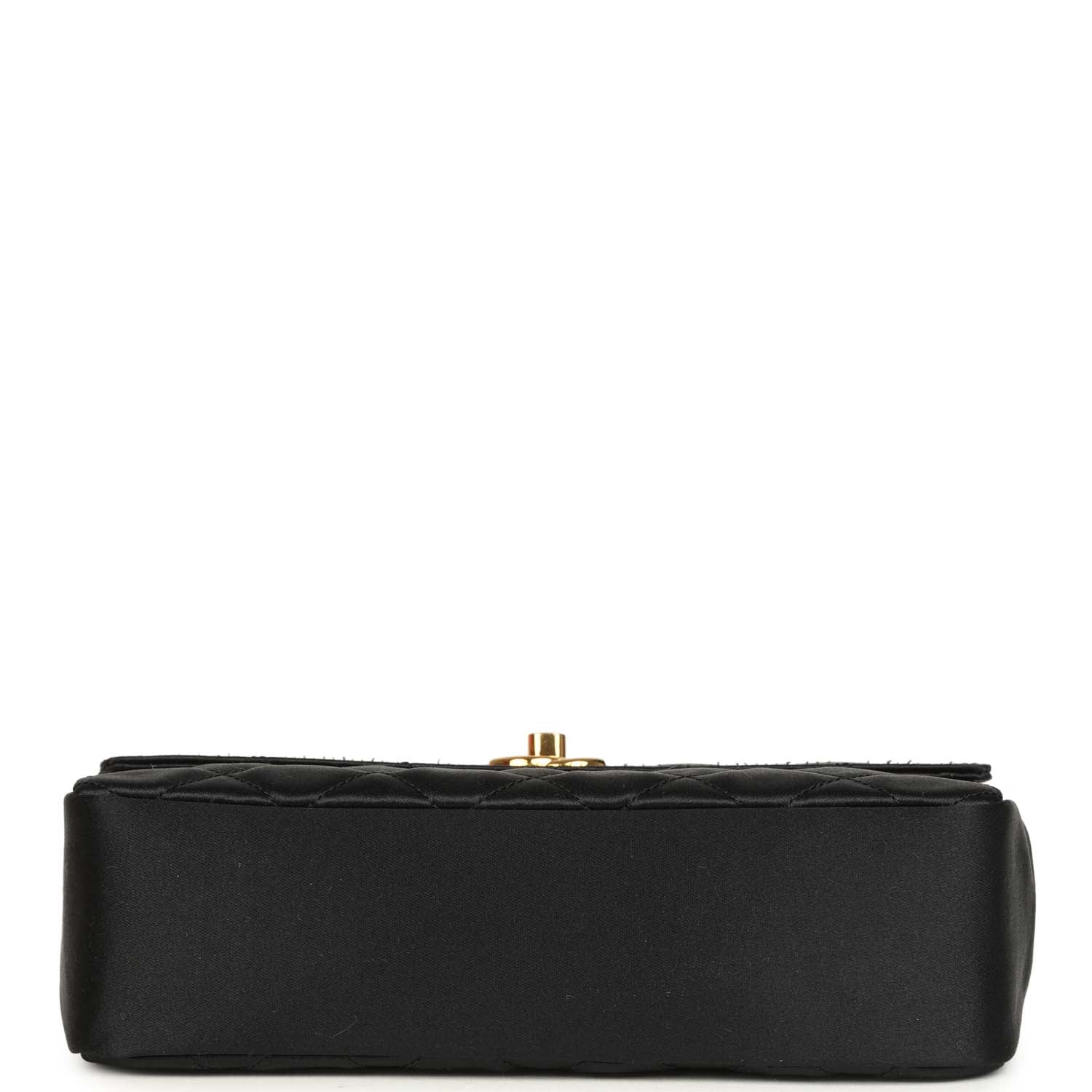 Vintage Mini Rectangular Flap Bag Black Satin Gold Hardware