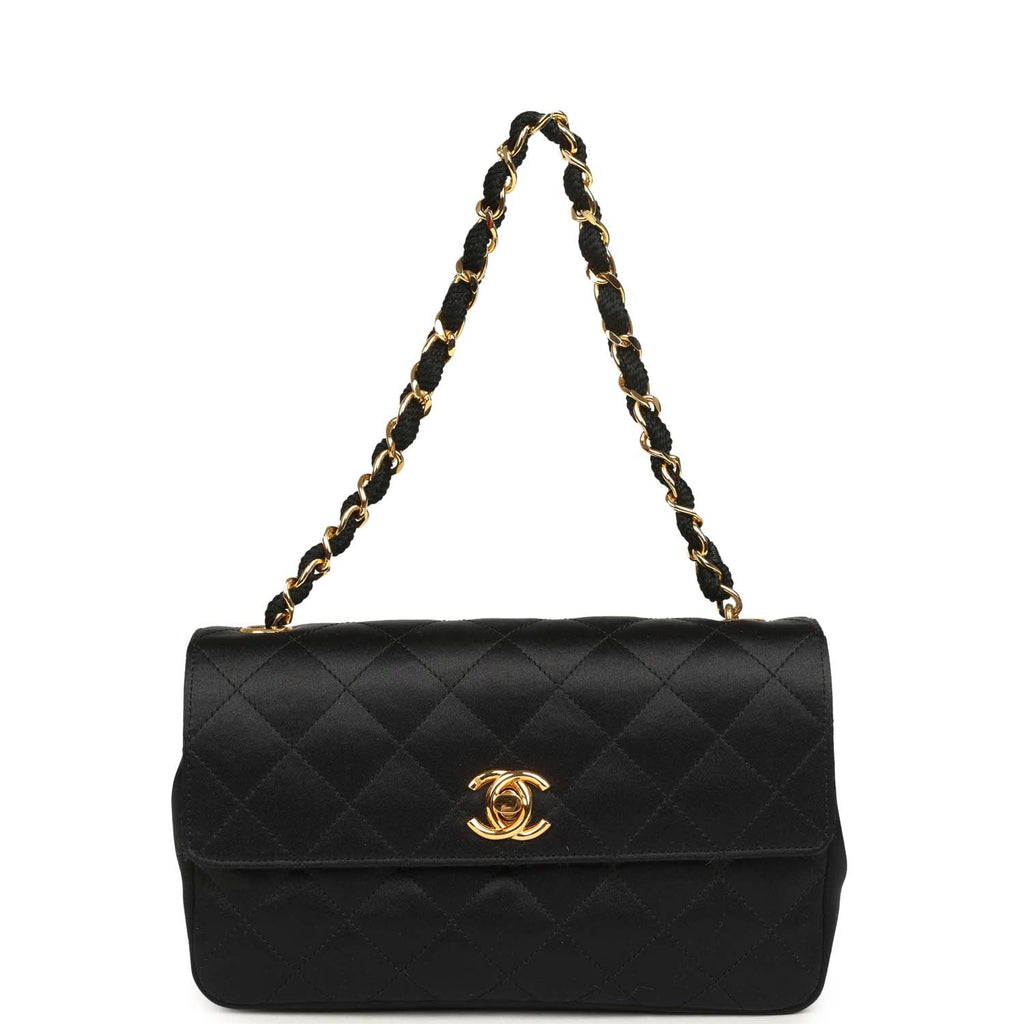 Vintage Mini Rectangular Flap Bag Black Satin Gold Hardware