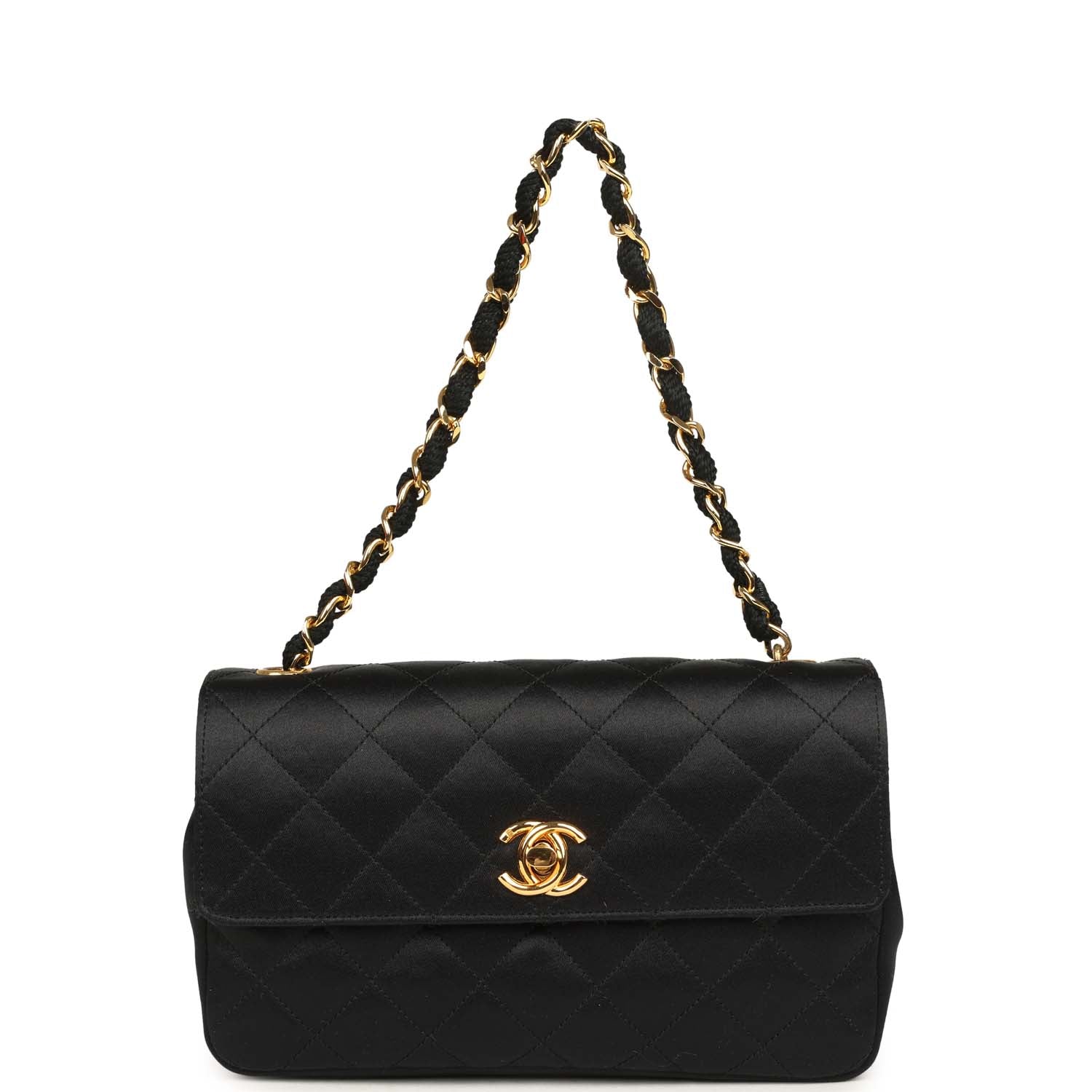 Vintage Mini Rectangular Flap Bag Black Satin Gold Hardware