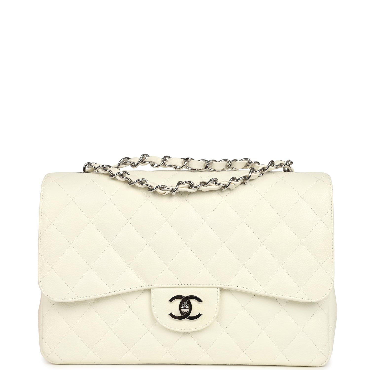 Vintage Classic Jumbo Single Flap Bag White Caviar Silver Hardware