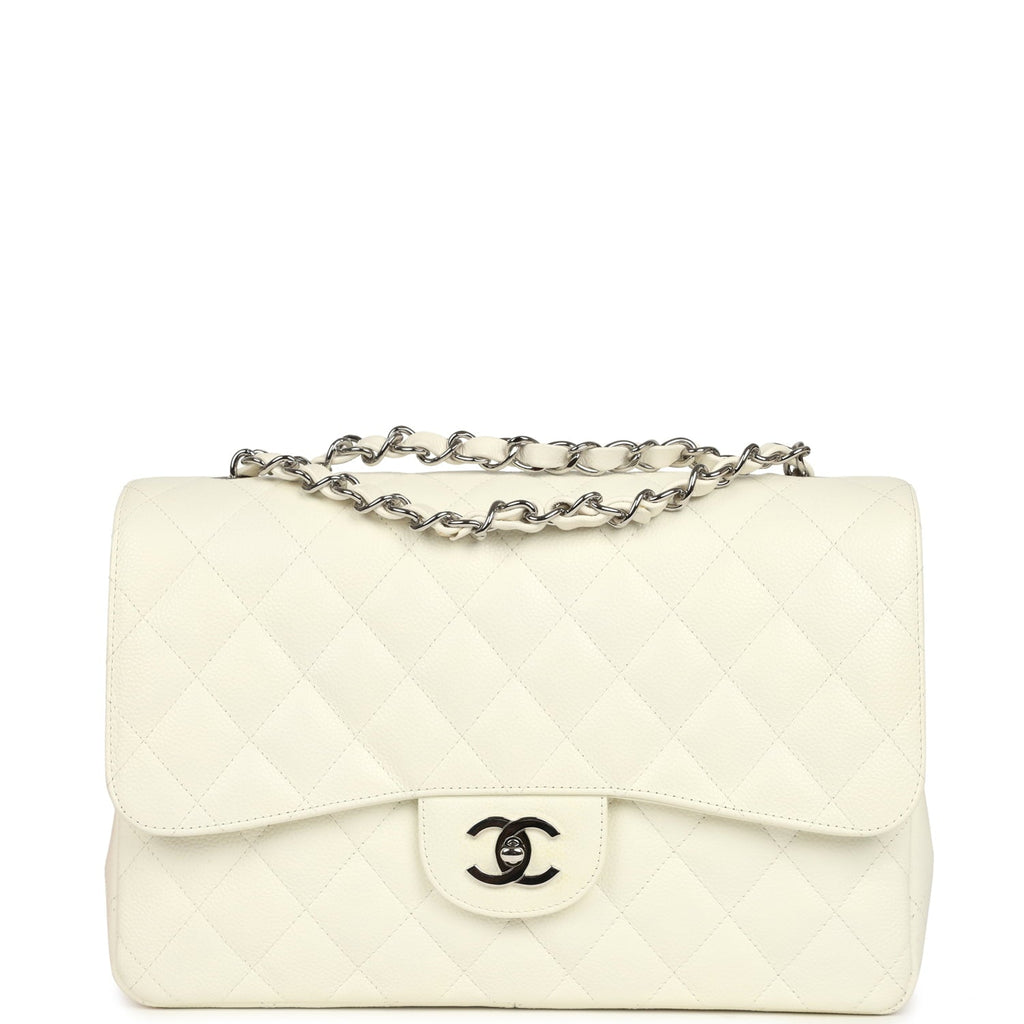 Vintage Classic Jumbo Single Flap Bag White Caviar Silver Hardware