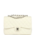 Vintage Classic Jumbo Single Flap Bag White Caviar Silver Hardware