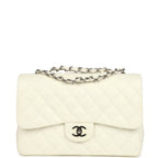 Vintage Classic Jumbo Single Flap Bag White Caviar Silver Hardware