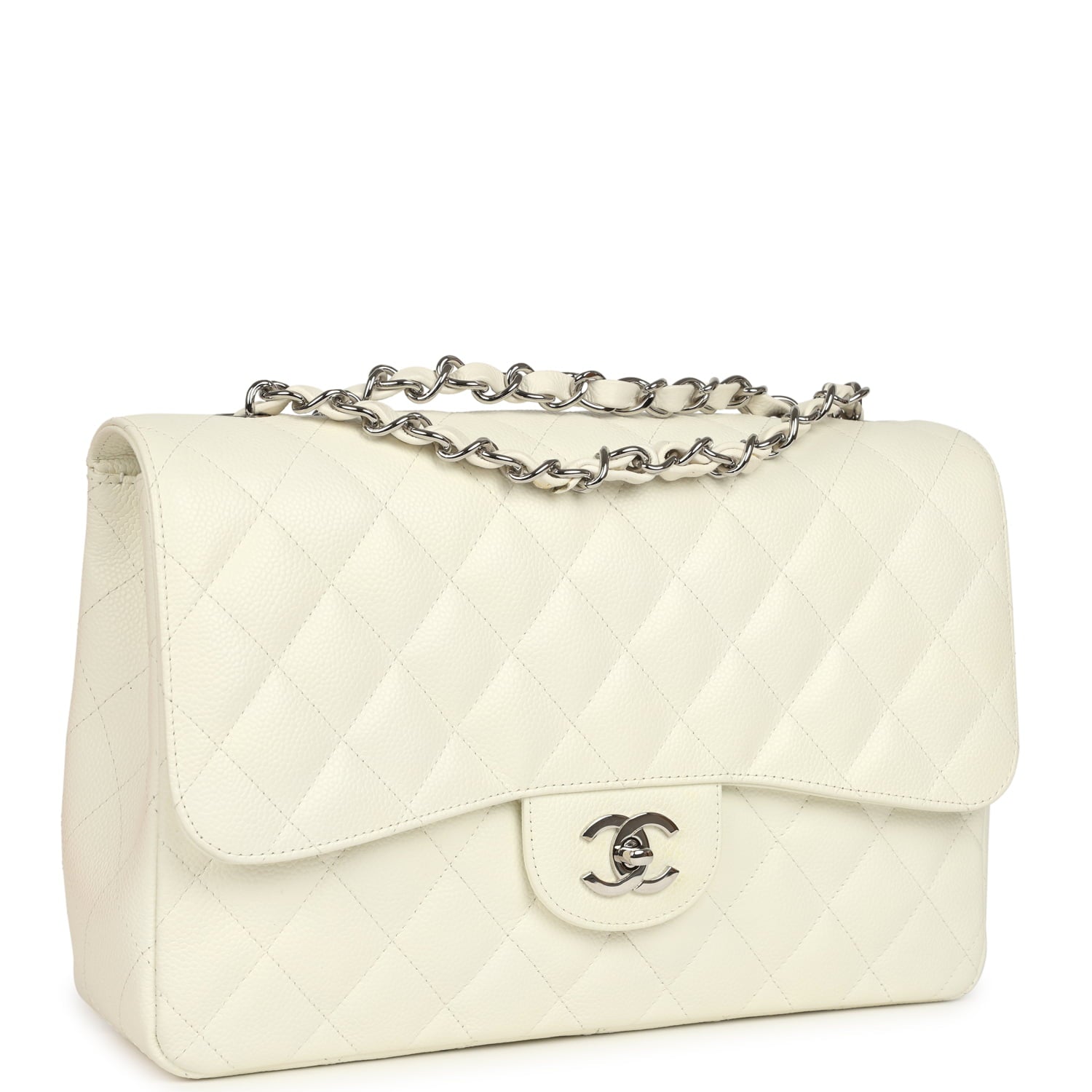 Vintage Classic Jumbo Single Flap Bag White Caviar Silver Hardware