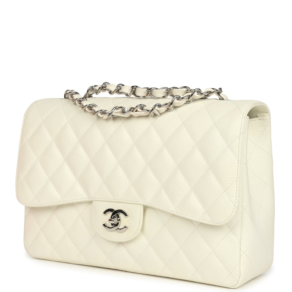 Vintage Classic Jumbo Single Flap Bag White Caviar Silver Hardware