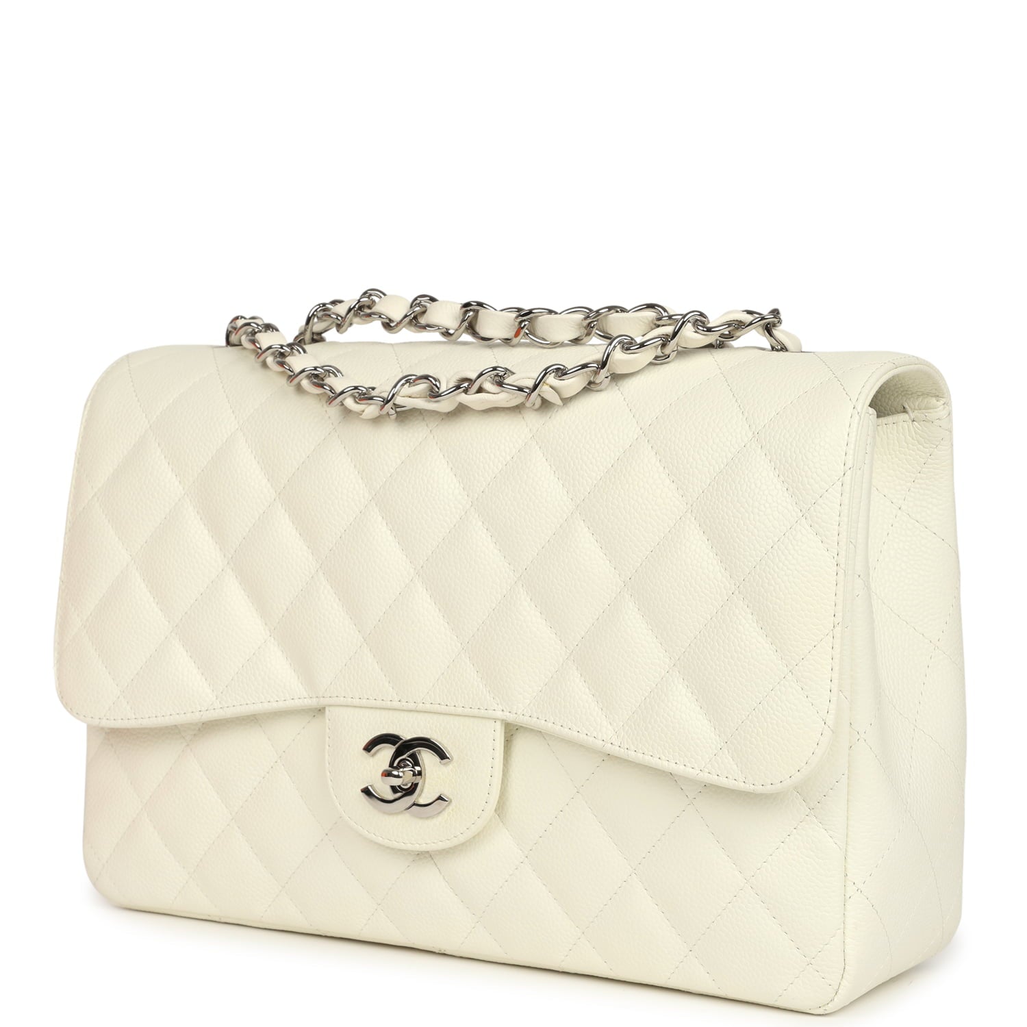 Vintage Classic Jumbo Single Flap Bag White Caviar Silver Hardware