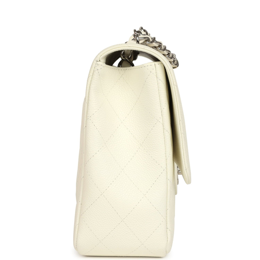 Vintage Classic Jumbo Single Flap Bag White Caviar Silver Hardware