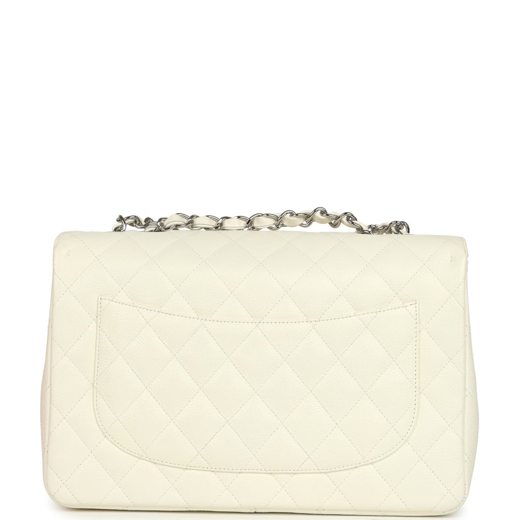Vintage Classic Jumbo Single Flap Bag White Caviar Silver Hardware