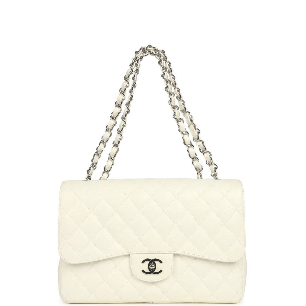 Vintage Classic Jumbo Single Flap Bag White Caviar Silver Hardware