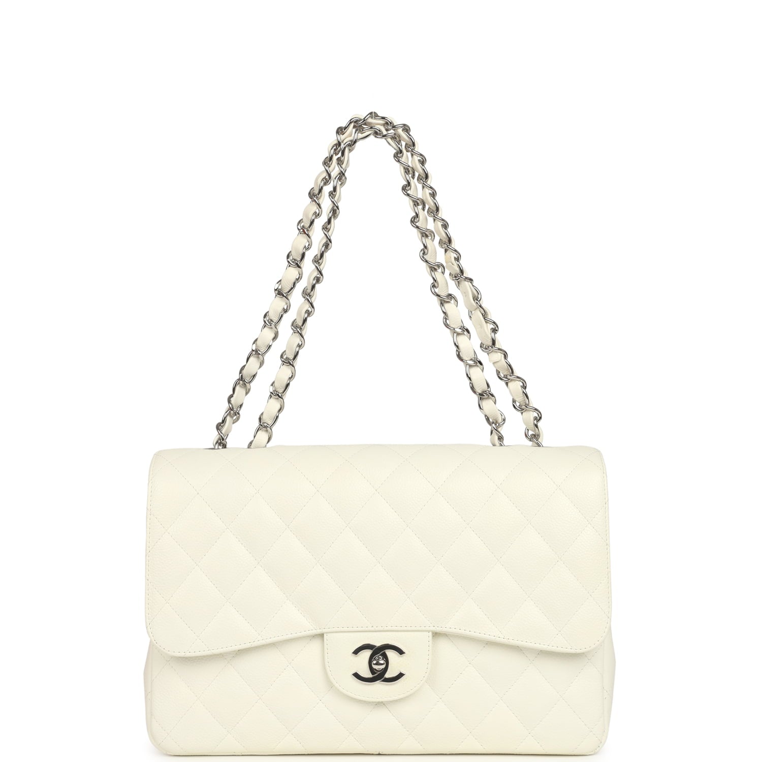 Vintage Classic Jumbo Single Flap Bag White Caviar Silver Hardware