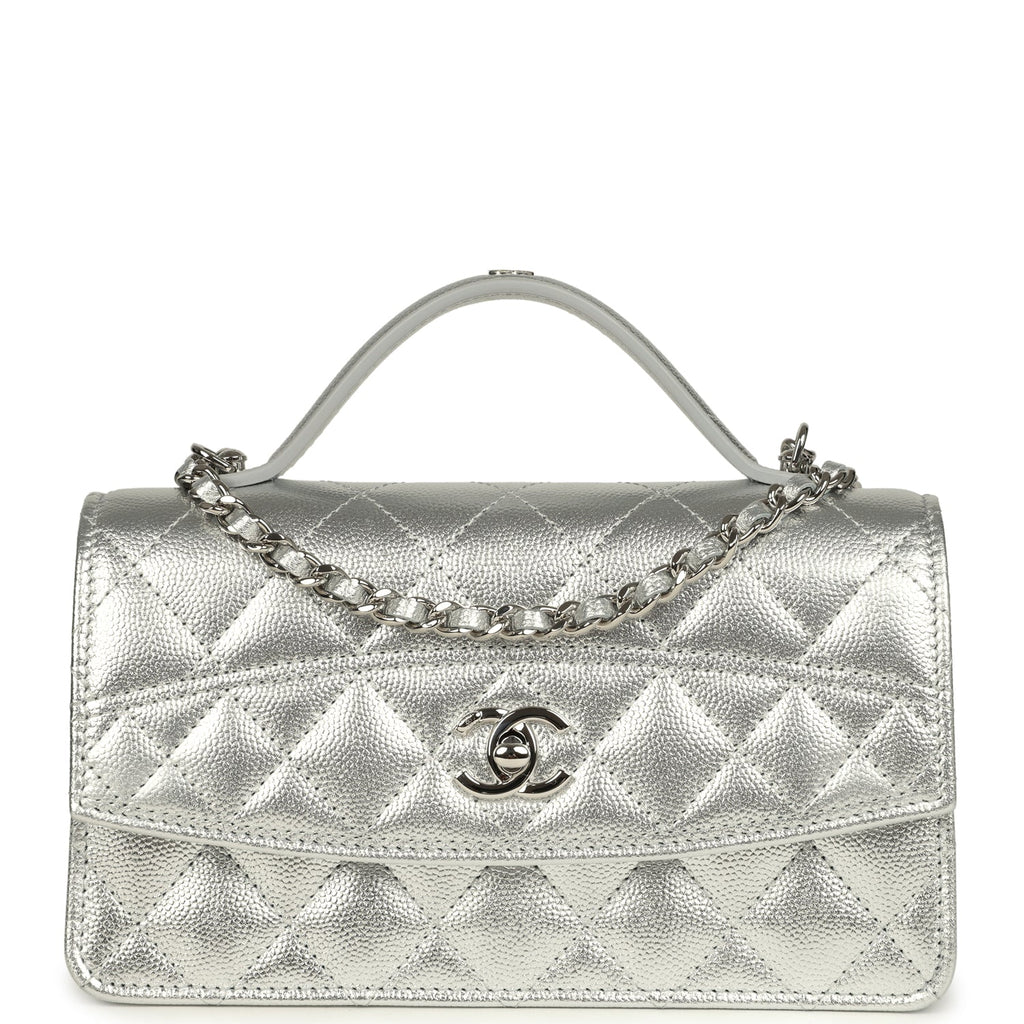 Trendy Top Handle Wallet On Chain WOC Metallic Silver Shiny Caviar Silver Hardware