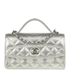 Trendy Top Handle Wallet On Chain WOC Metallic Silver Shiny Caviar Silver Hardware