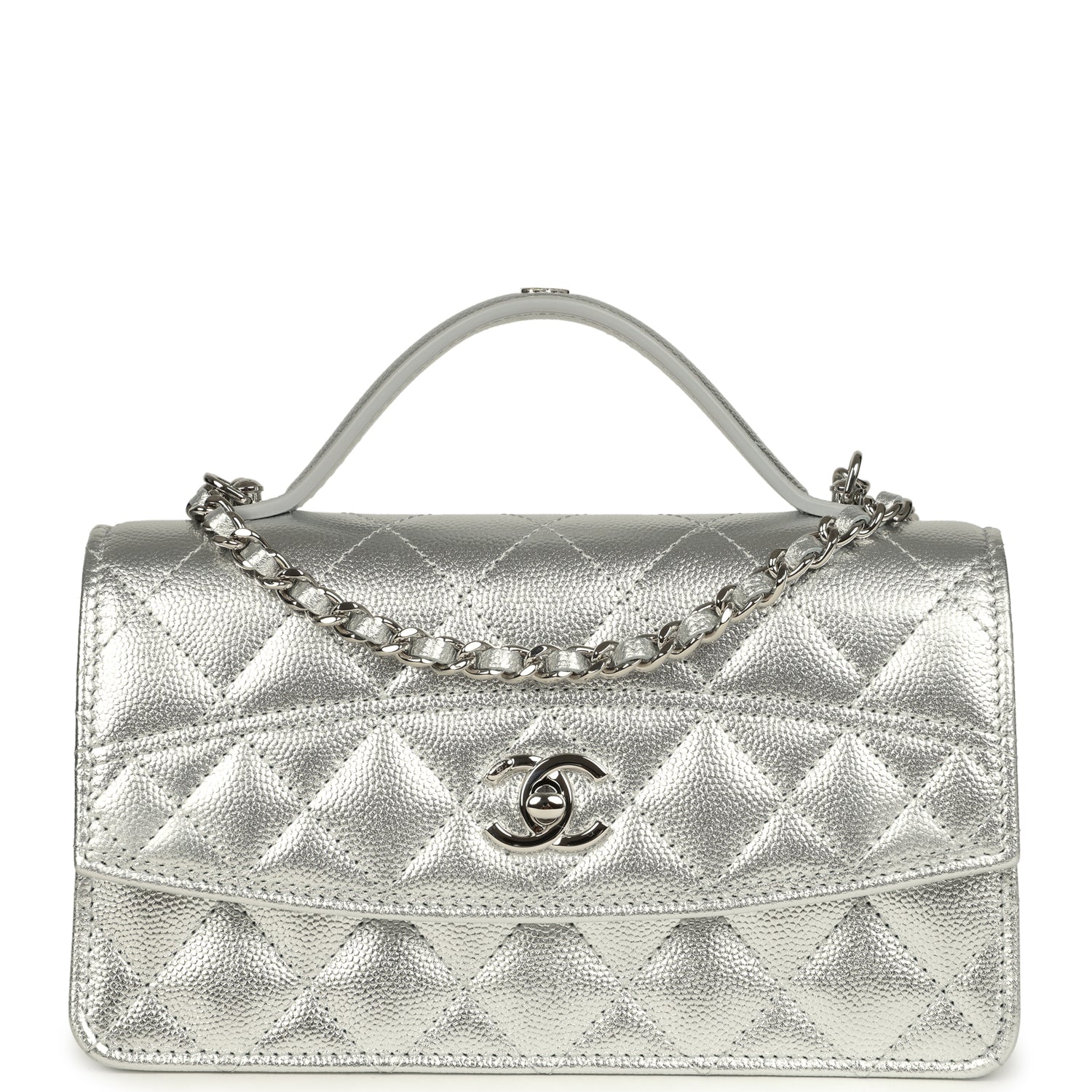Trendy Top Handle Wallet On Chain WOC Metallic Silver Shiny Caviar Silver Hardware