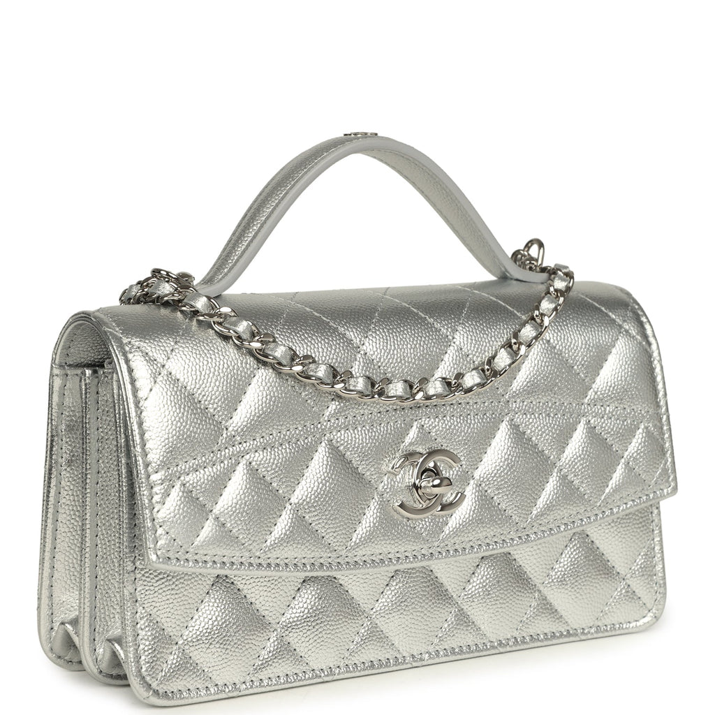 Trendy Top Handle Wallet On Chain WOC Metallic Silver Shiny Caviar Silver Hardware