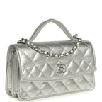 Trendy Top Handle Wallet On Chain WOC Metallic Silver Shiny Caviar Silver Hardware