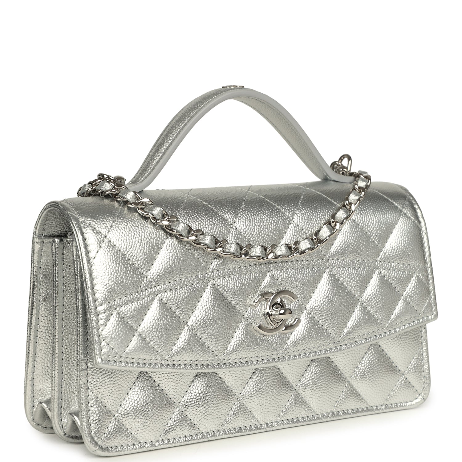Trendy Top Handle Wallet On Chain WOC Metallic Silver Shiny Caviar Silver Hardware