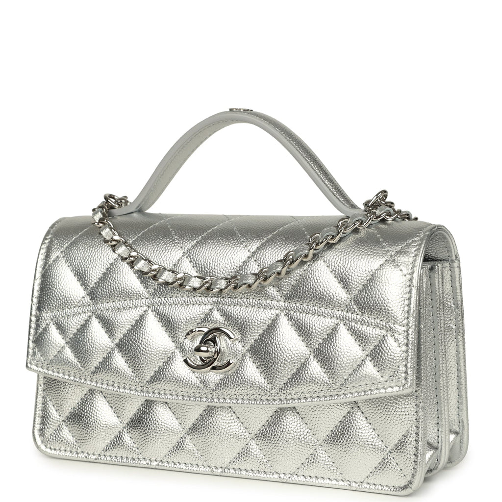 Trendy Top Handle Wallet On Chain WOC Metallic Silver Shiny Caviar Silver Hardware