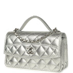 Trendy Top Handle Wallet On Chain WOC Metallic Silver Shiny Caviar Silver Hardware