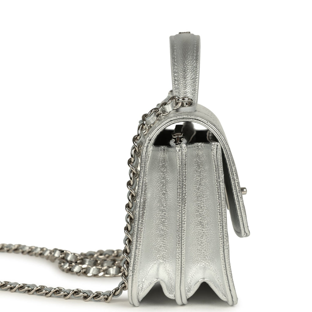 Trendy Top Handle Wallet On Chain WOC Metallic Silver Shiny Caviar Silver Hardware