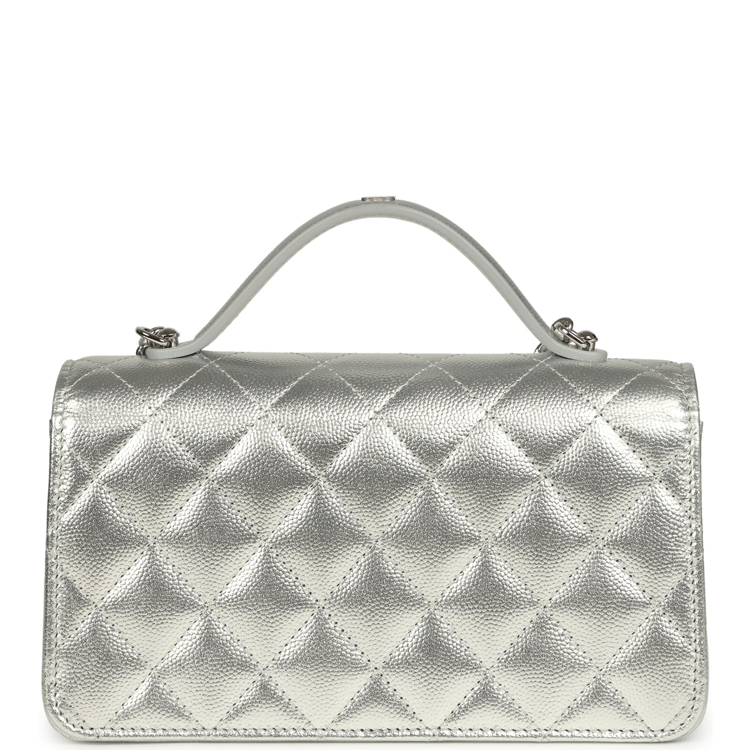 Trendy Top Handle Wallet On Chain WOC Metallic Silver Shiny Caviar Silver Hardware