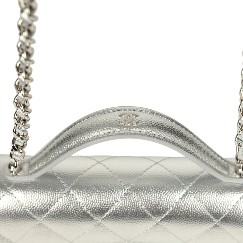 Trendy Top Handle Wallet On Chain WOC Metallic Silver Shiny Caviar Silver Hardware