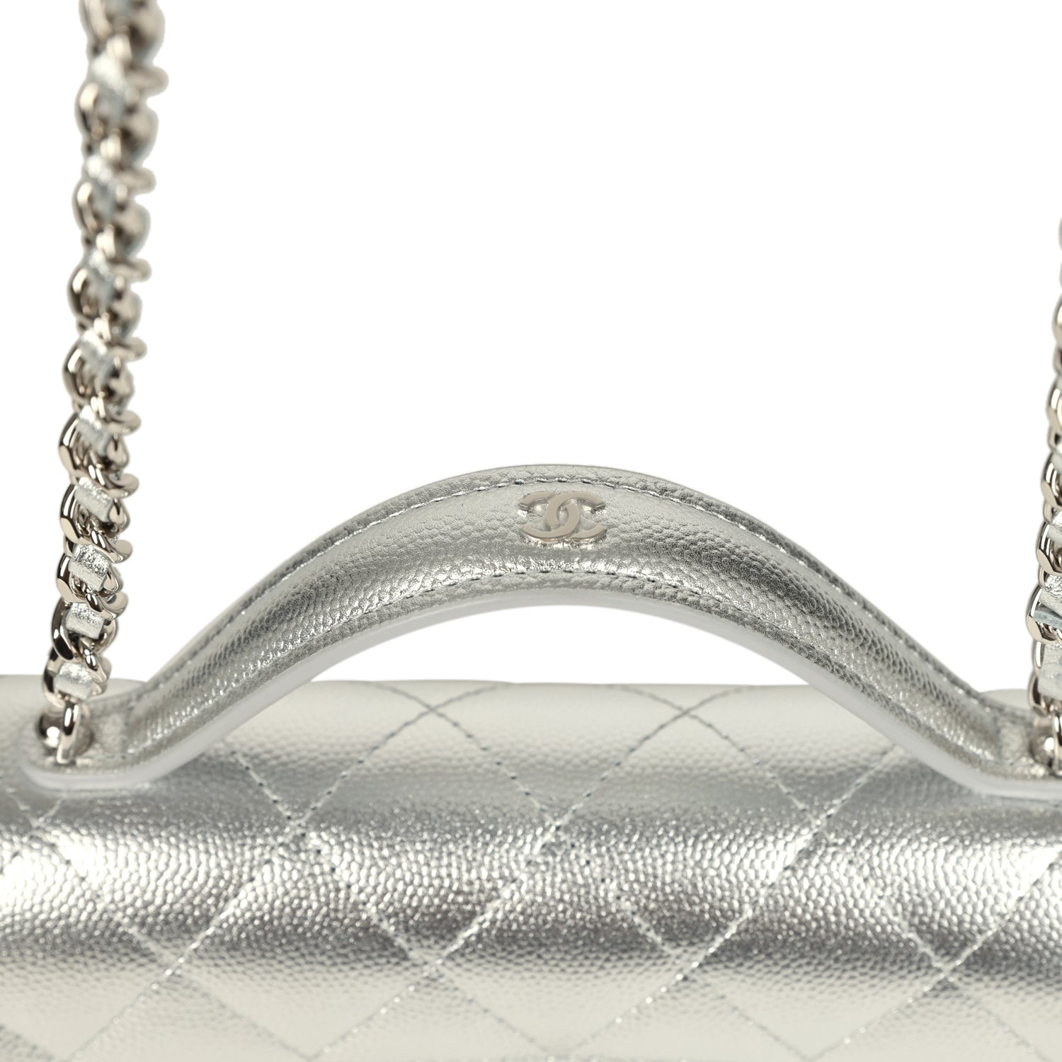 Trendy Top Handle Wallet On Chain WOC Metallic Silver Shiny Caviar Silver Hardware