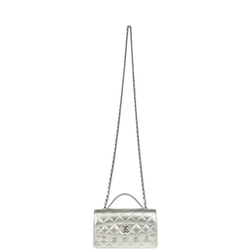 Trendy Top Handle Wallet On Chain WOC Metallic Silver Shiny Caviar Silver Hardware