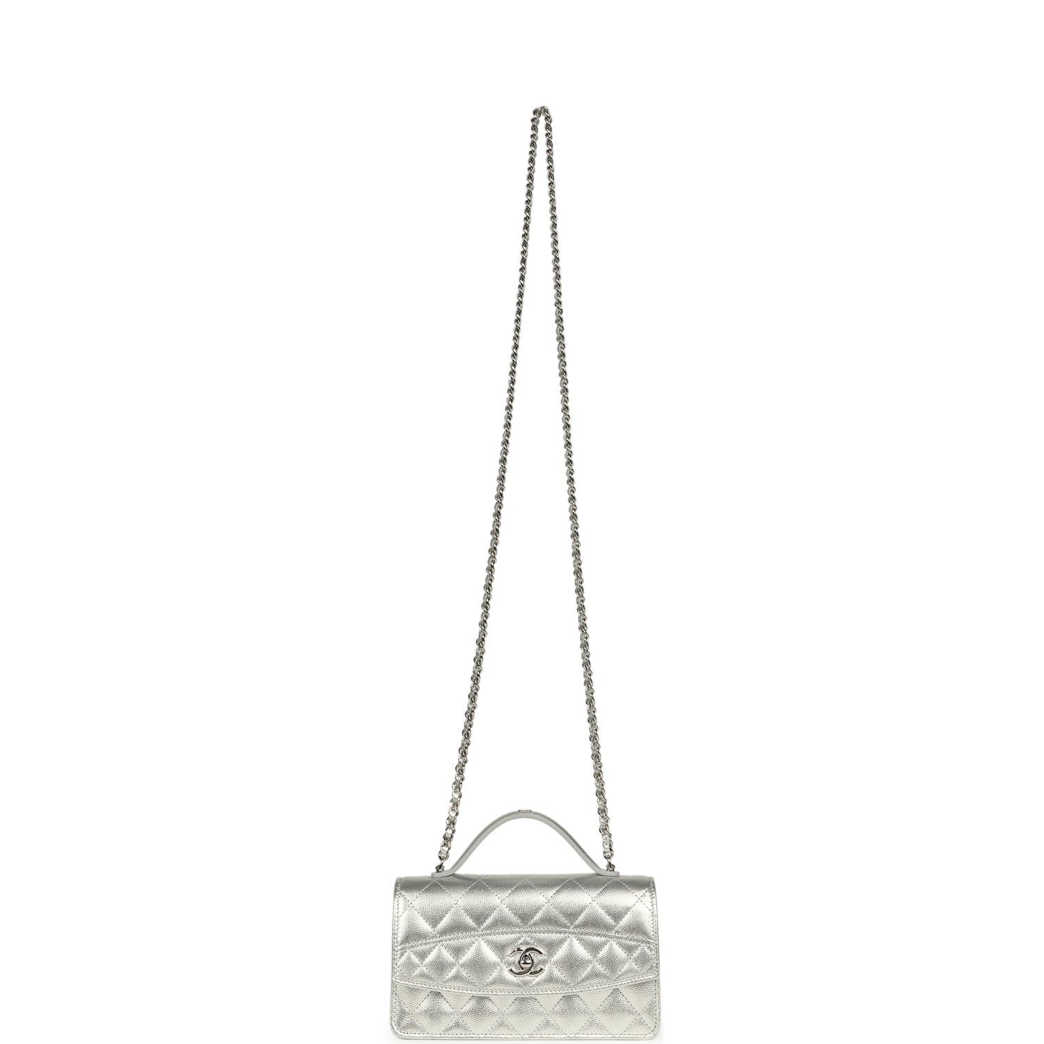 Trendy Top Handle Wallet On Chain WOC Metallic Silver Shiny Caviar Silver Hardware