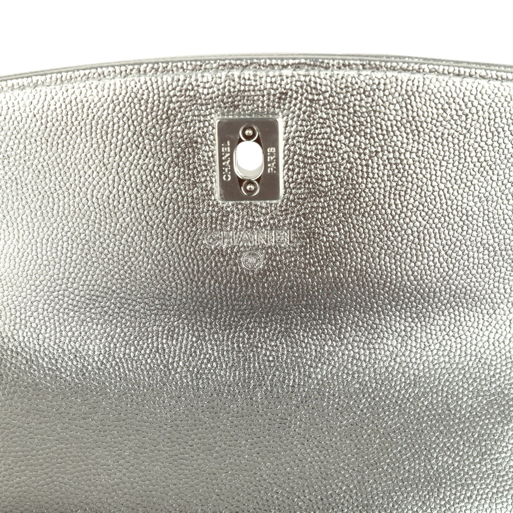 Trendy Top Handle Wallet On Chain WOC Metallic Silver Shiny Caviar Silver Hardware