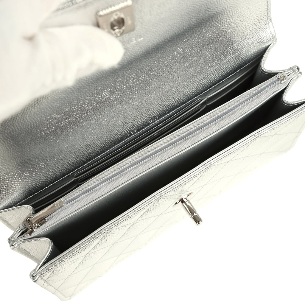 Trendy Top Handle Wallet On Chain WOC Metallic Silver Shiny Caviar Silver Hardware