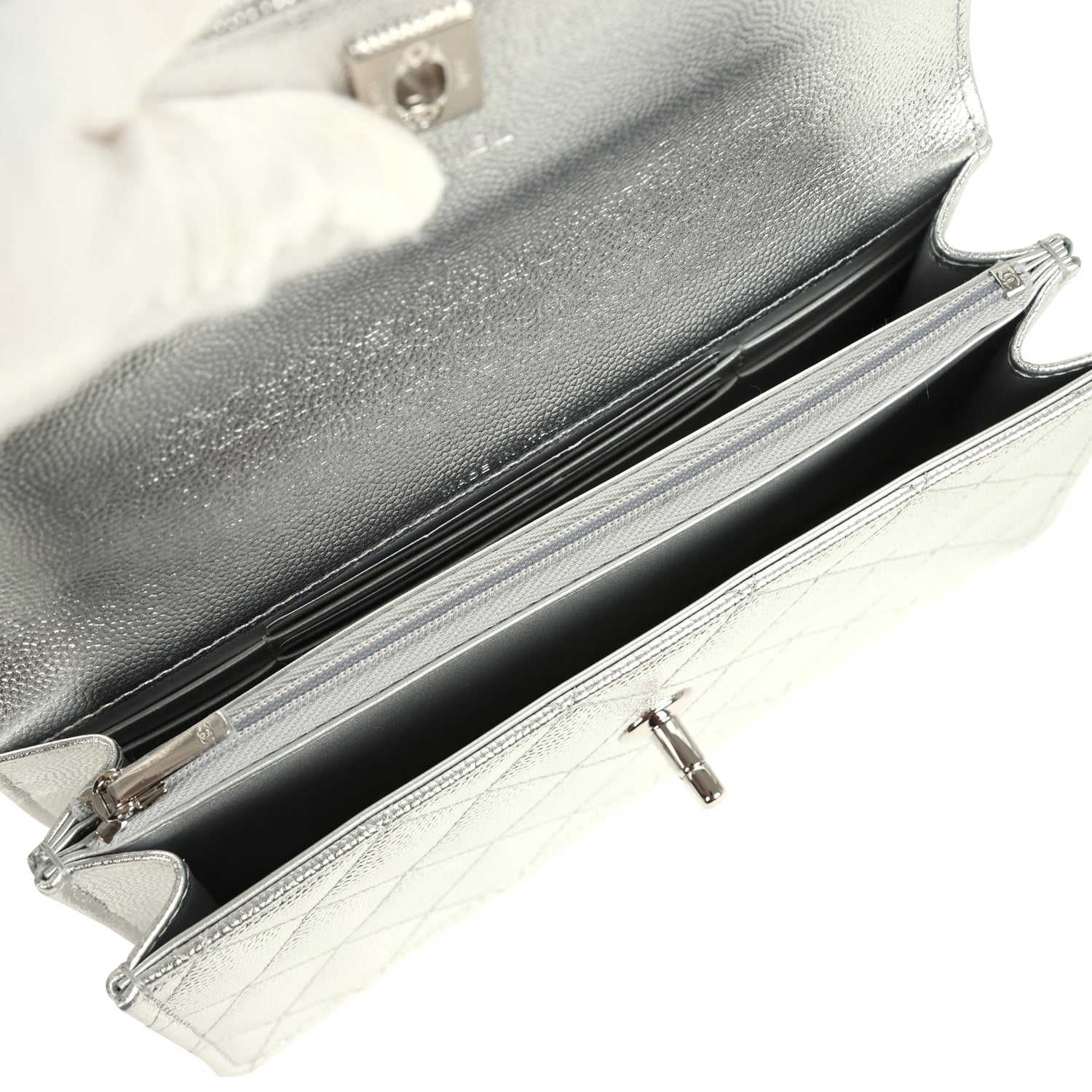 Trendy Top Handle Wallet On Chain WOC Metallic Silver Shiny Caviar Silver Hardware