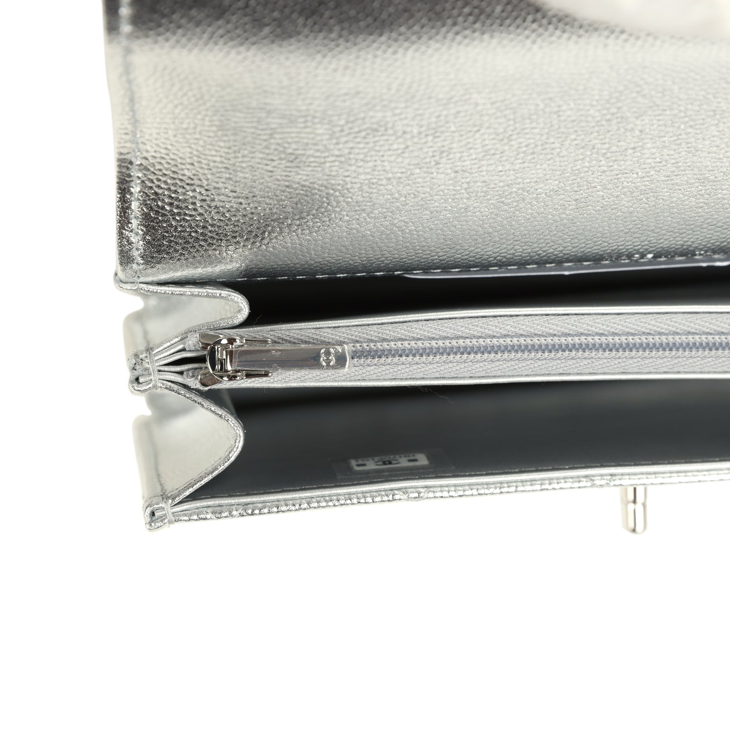 Trendy Top Handle Wallet On Chain WOC Metallic Silver Shiny Caviar Silver Hardware
