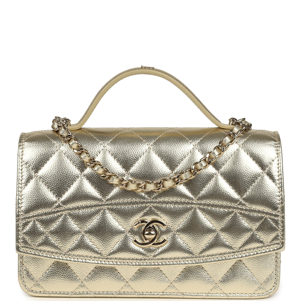 Trendy Top Handle Wallet On Chain WOC Metallic Gold Shiny Caviar Light Gold Hardware